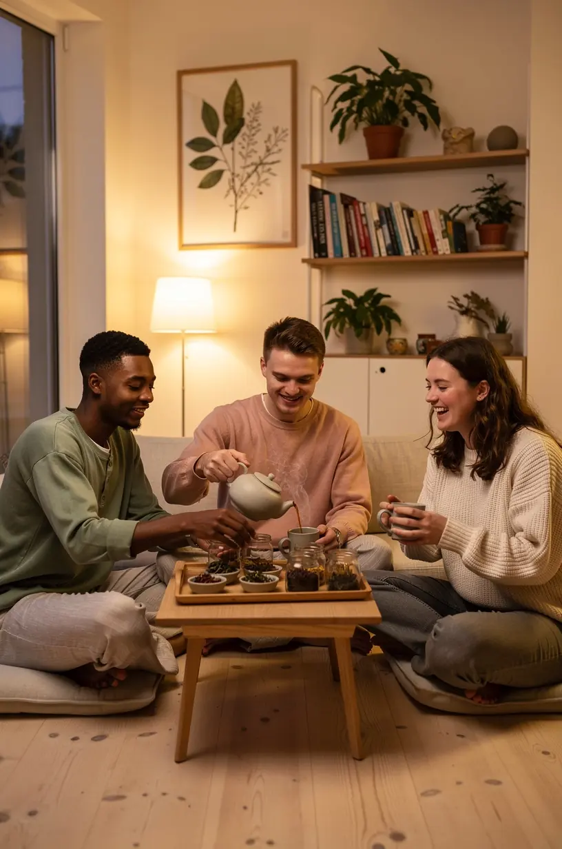 Raminanti žvakė ant stalo šalia arbatos puodelio ir natūralių žolelių, sukurianti ramybės atmosferą vakaro ritualams. Arbatos lapeliai ir džiovintos vaistažolės, paruoštos ramiai ir sveikai vakarienei po ilgos dienos. Moteris laikanti šiltą vaistažolių arbatą, atsipalaiduojanti prie lango su knyga, simbolizuojanti sveikus vakaro įpročius.