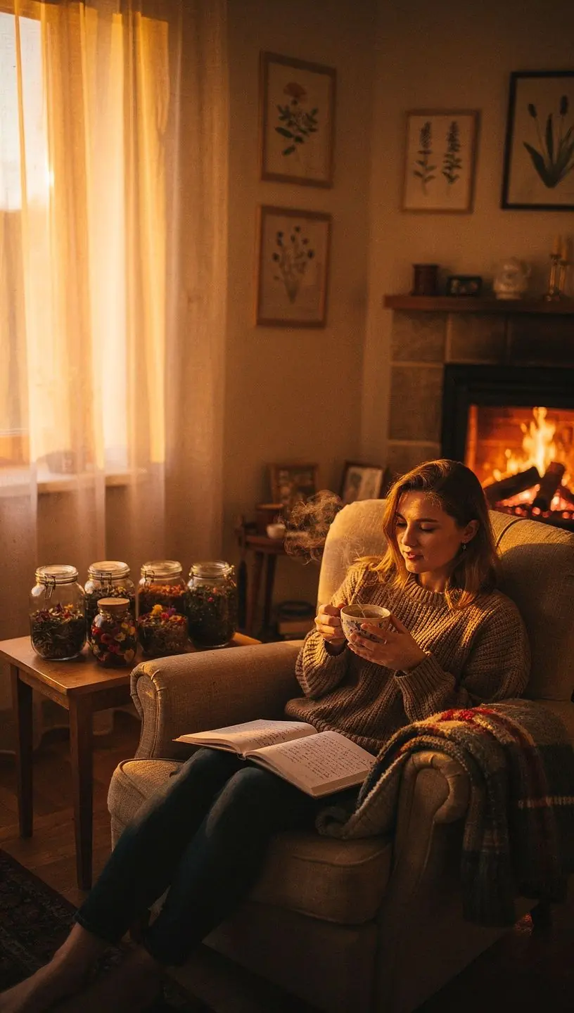 Raminanti žvakė ant stalo šalia arbatos puodelio ir natūralių žolelių, sukurianti ramybės atmosferą vakaro ritualams. Arbatos lapeliai ir džiovintos vaistažolės, paruoštos ramiai ir sveikai vakarienei po ilgos dienos. Moteris laikanti šiltą vaistažolių arbatą, atsipalaiduojanti prie lango su knyga, simbolizuojanti sveikus vakaro įpročius.